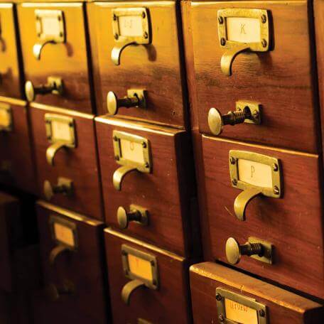 wooden card catalogue drawers